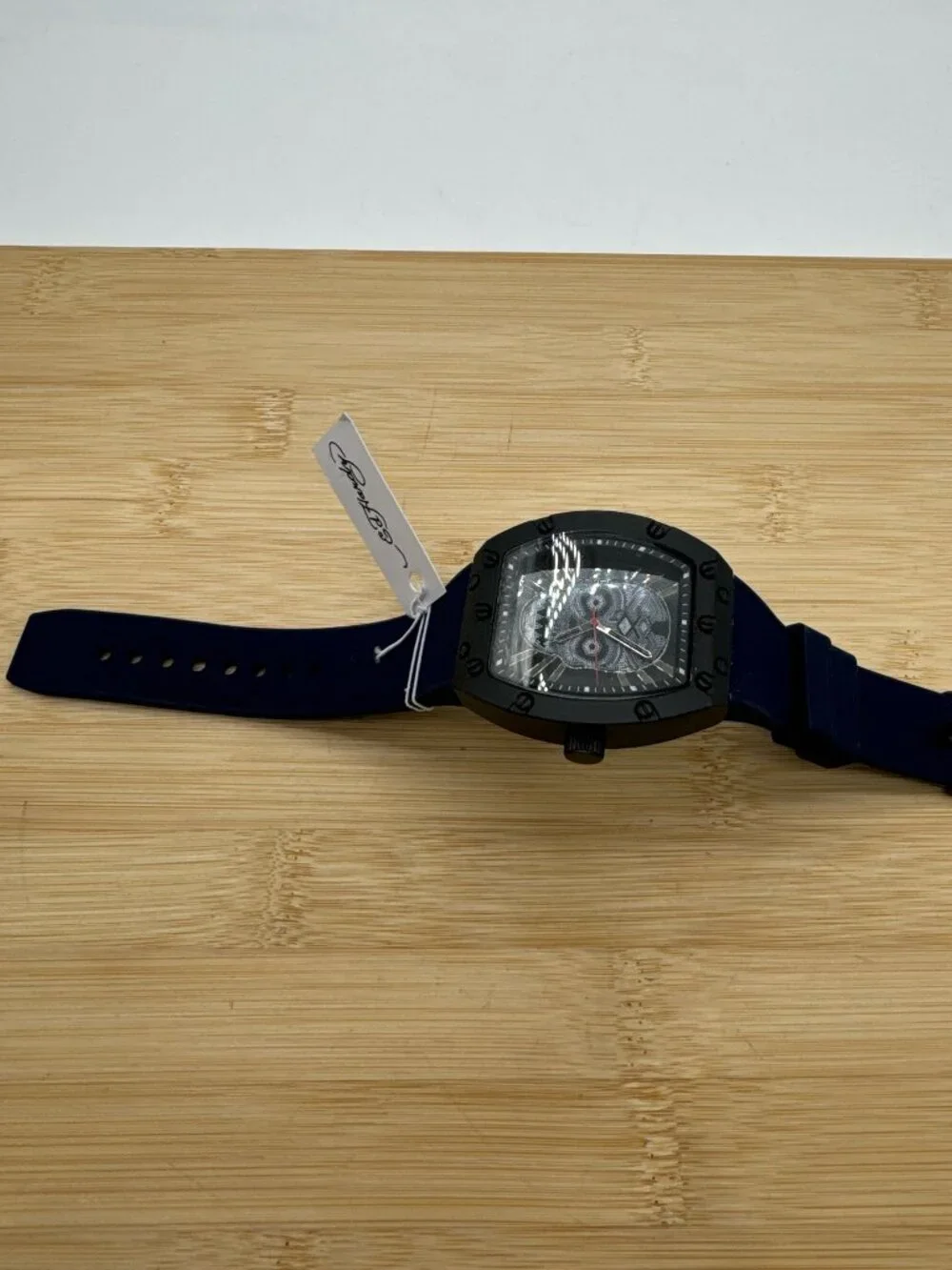 Ed Hardy Men's Crystal Skull Dial Watch Black Tonneau Case Navy Strap